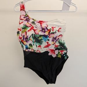 Flower Black & White One Shoulder One-Piece Swimsuit